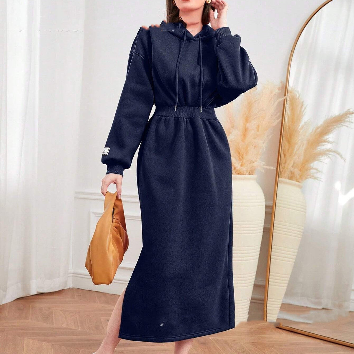 Slit Drawstring Mid-length Sweater Dress