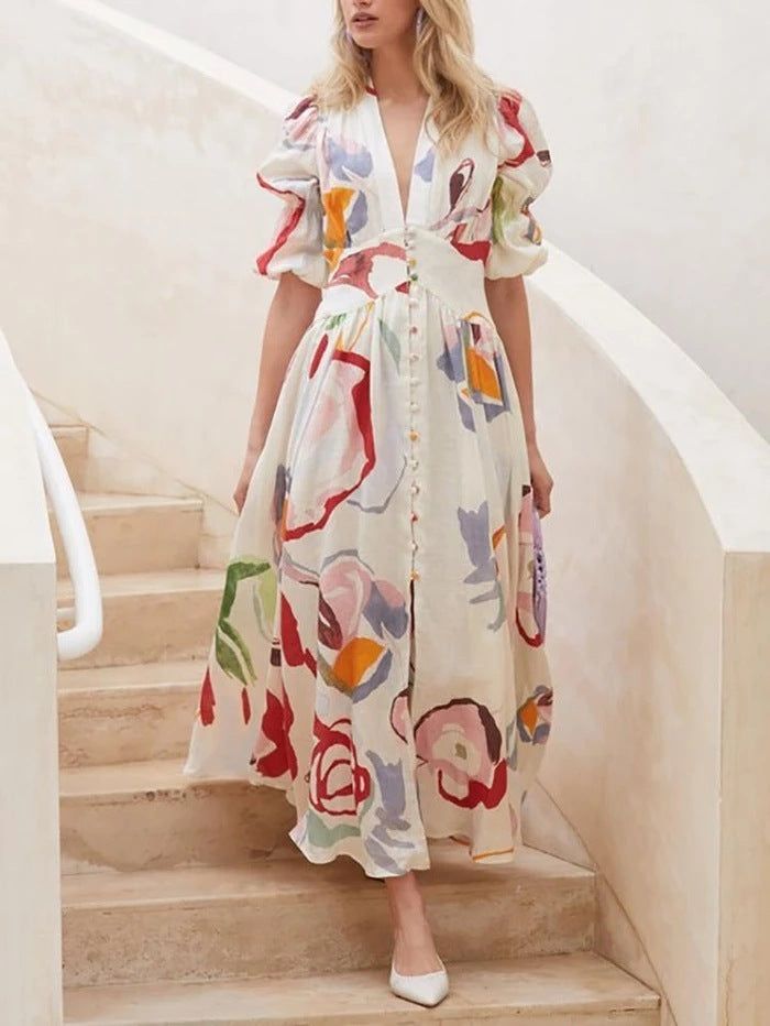 Print Dresses For V-neck Button Short Sleeve Dress