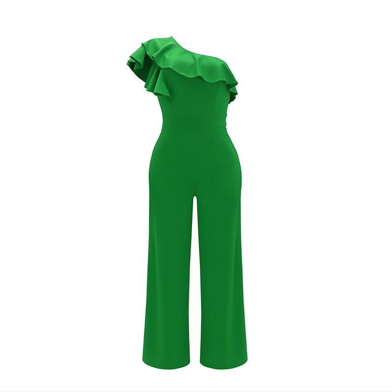 Dressy Jumpsuits Sleeveless Ruffle One Shoulder Casual Wide Leg Pants Romper