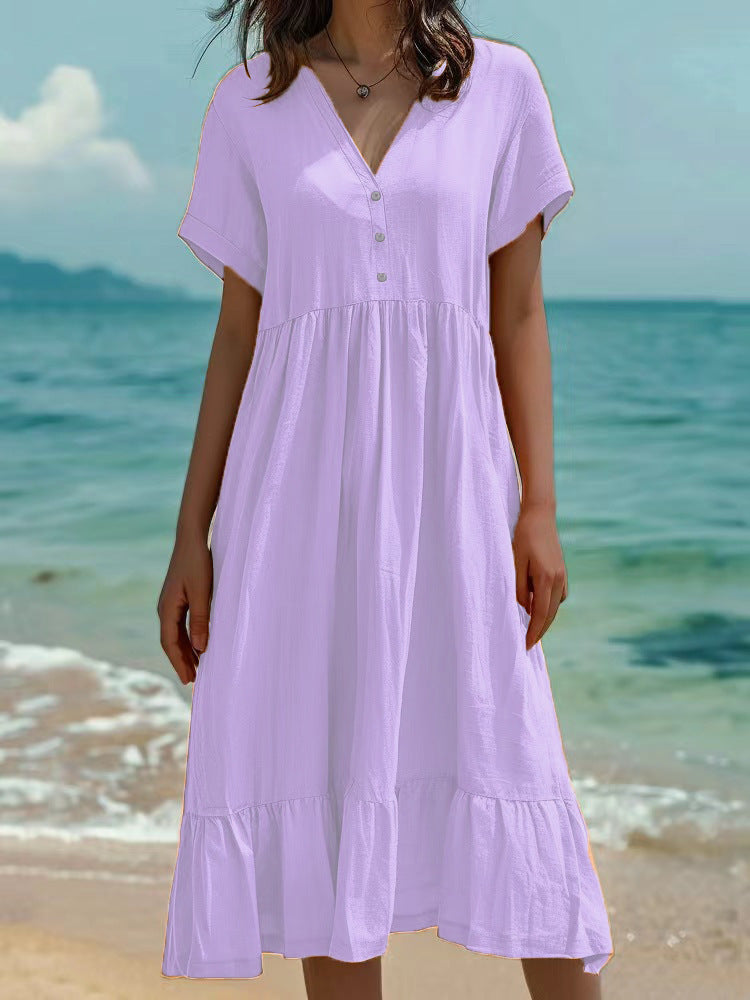 Solid-color Short-sleeve Pleated Dress
