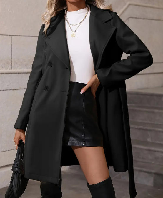 Elegant Lace-up Solid Color Slim-fit Woolen Coat
