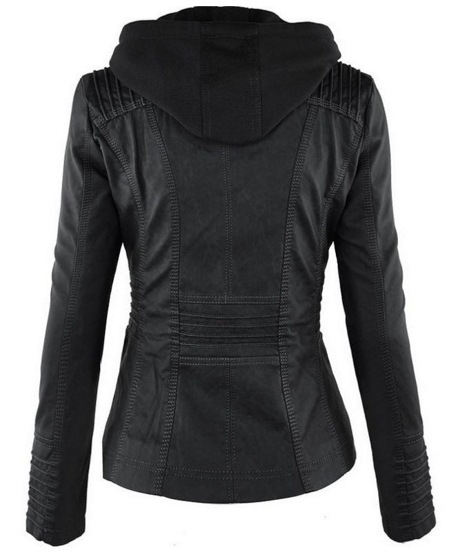 Detachable Hooded Jacket With Pockets Casual Solid Color Zipper Long Sleeve Leather Coat Clothing