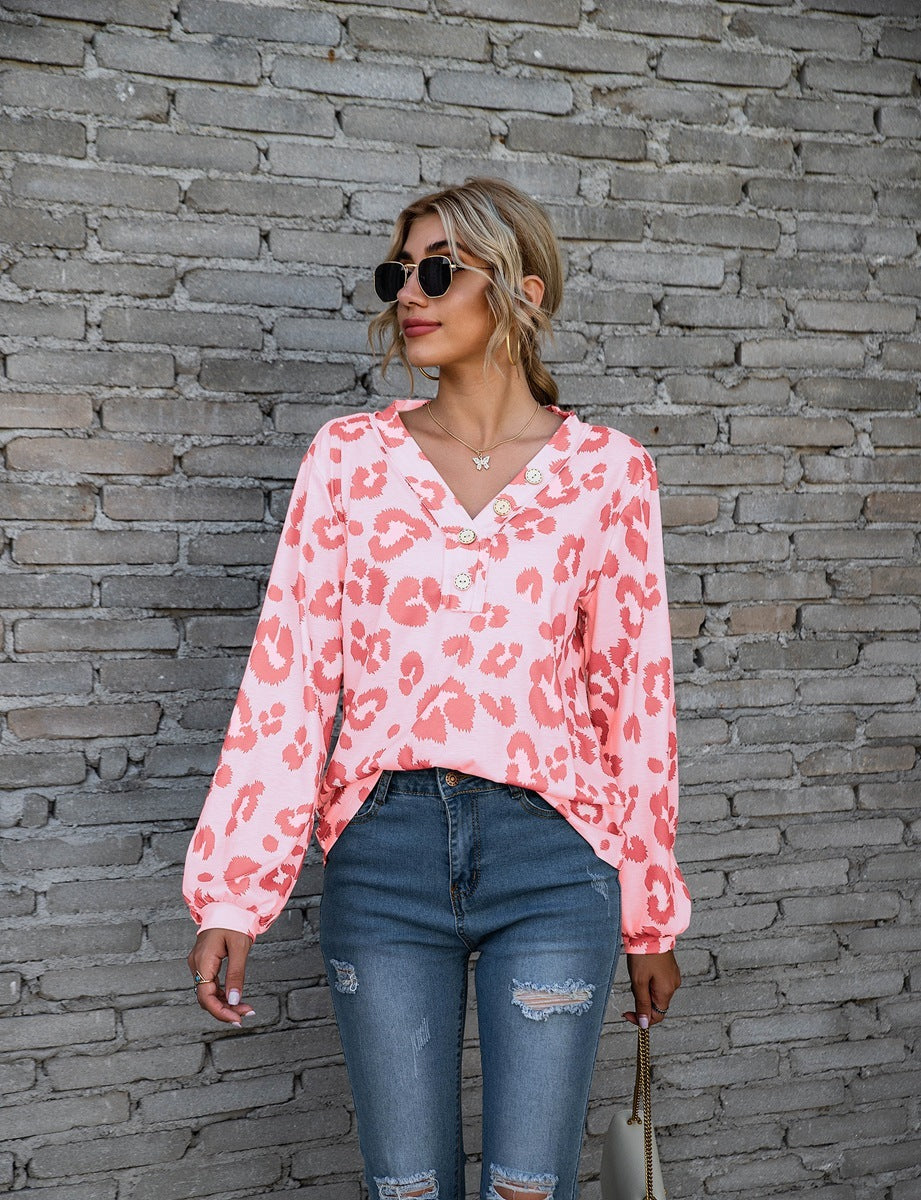Leopard Print V-neck T-shirt Loose Long Sleeve Tops For Clothing