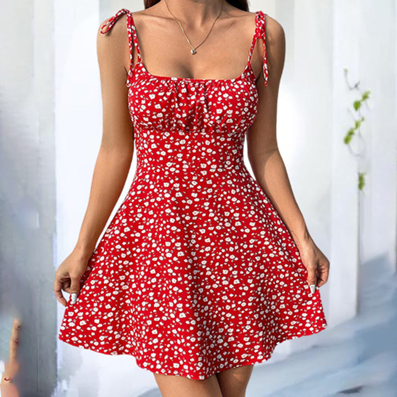 Womens Floral Mini Dress Spaghetti Strap Sleeveless Tie Shoulder Ruffle Boho Dresses
