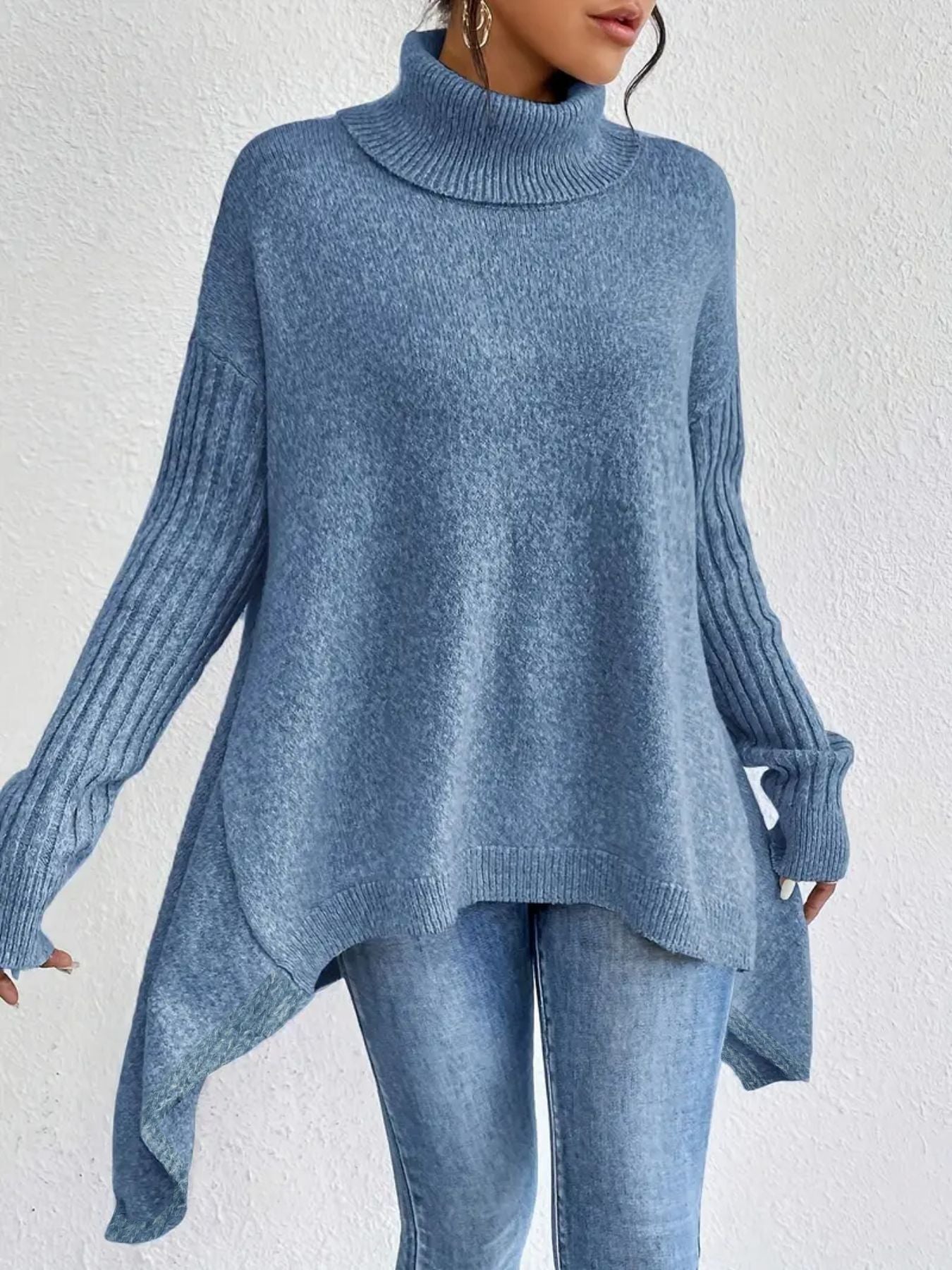 Irregular Turtleneck Sweater Loose Long Sleeve Knitted Tops Leisure Warm Pullover Sweater Clothing
