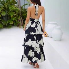 Print Cake Dress Lace-up Long Dress