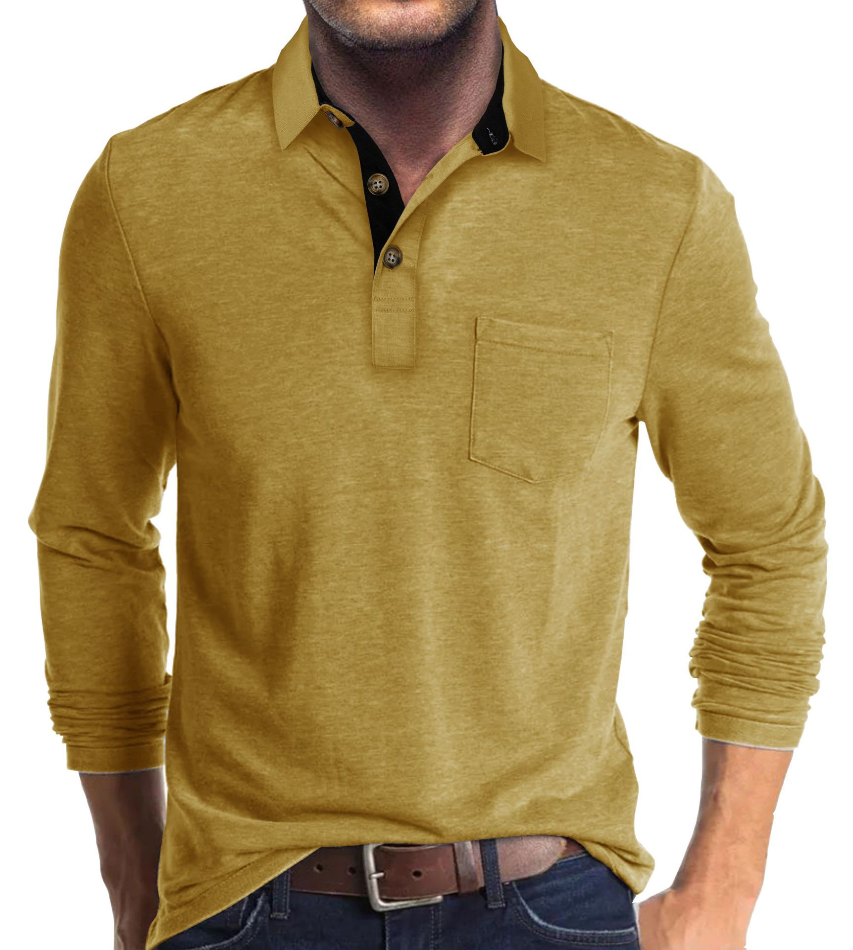 Mens Long-sleeve Lapel T-shirt Base Layer Top