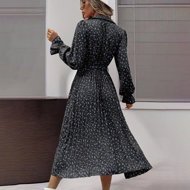 Long Sleeve V Neck Button Down Belted A-Line Flowy Midi Shirt Dress
