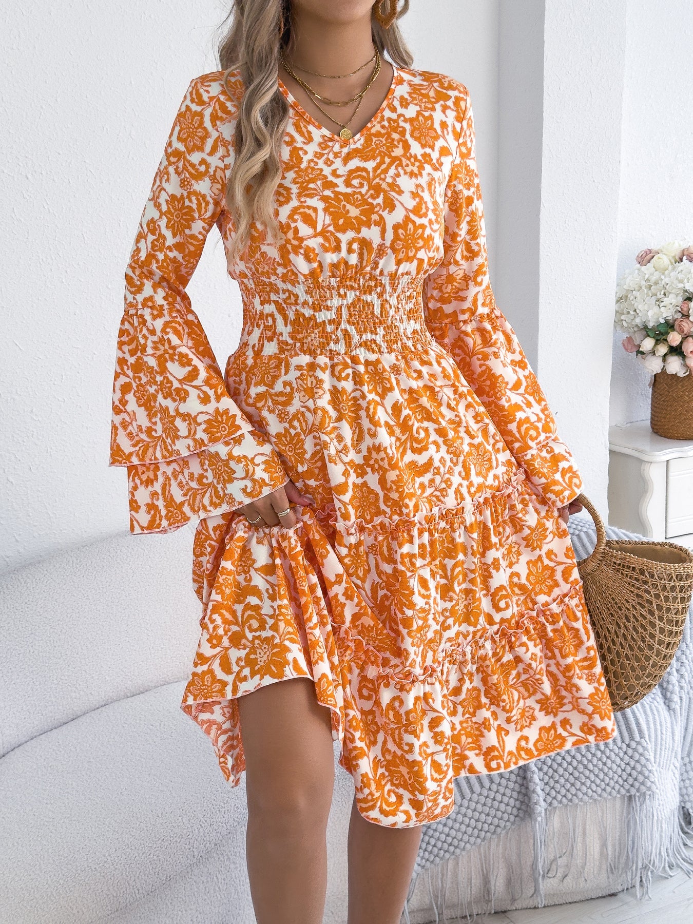 Vintage Bell Sleeve Ruffle Trim Tie Waist A-Line Dress
