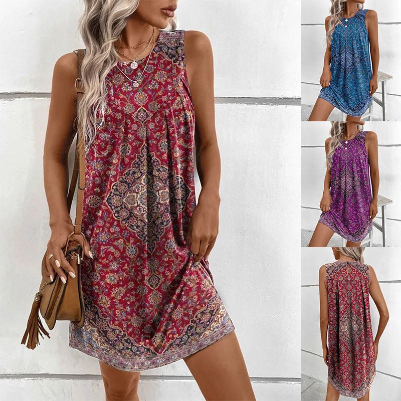 Sleeveless Dress Boho Floral Print Casual Loose Sundress Beach Mini Dress