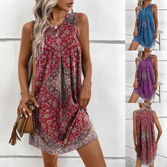 Sleeveless Dress Boho Floral Print Casual Loose Sundress Beach Mini Dress