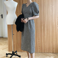 French Vintage Cotton Linen Black And White Plaid Dress