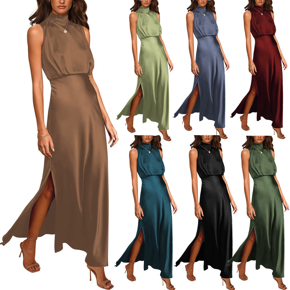 Satin Stand Collar Dress â€?Elegant High-Neck Silky Style