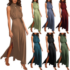 Satin Stand Collar Dress â€?Elegant High-Neck Silky Style