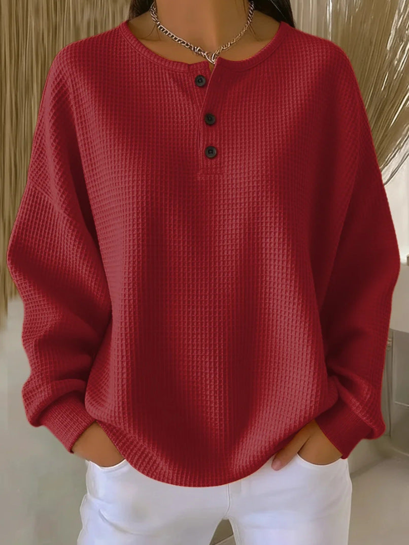 Ins Waffle Long-sleeved T-shirt Solid Color Buttons Round Neck Pullover Top Clothing