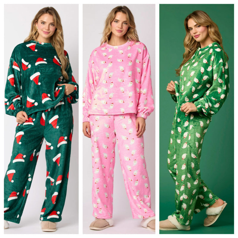 Casual Flannel Pajama Sets For 2 Piece Cute Long Sleeve Matching Lounge Shirts Sets Santa Claus Pajamas Homewear