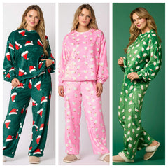 Casual Flannel Pajama Sets For 2 Piece Cute Long Sleeve Matching Lounge Shirts Sets Santa Claus Pajamas Homewear