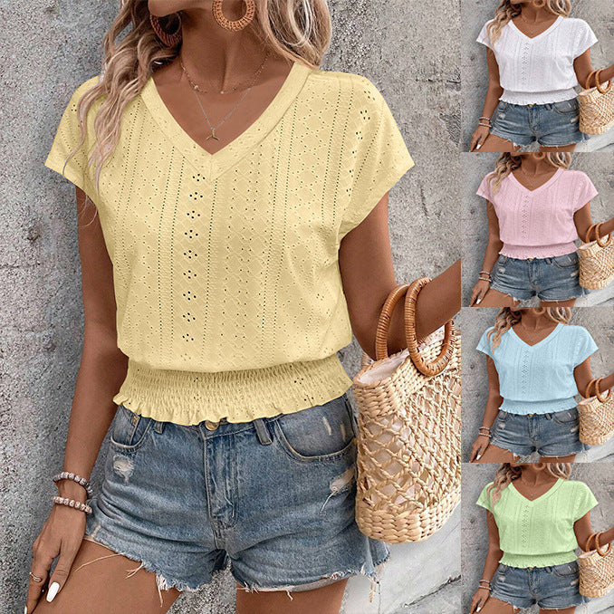 Eyelet Top Casual V Neck Short Sleeve Smocked Shirts Loose Tunic Tops Blouses