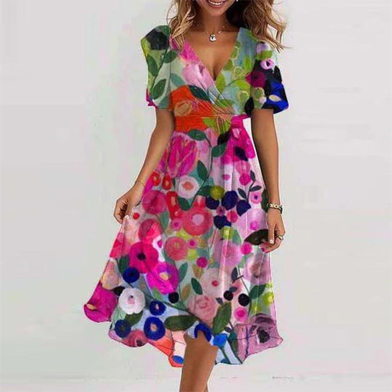 Flowers Printed V-neck Dress A-line Short-sleeved Dresses For Women