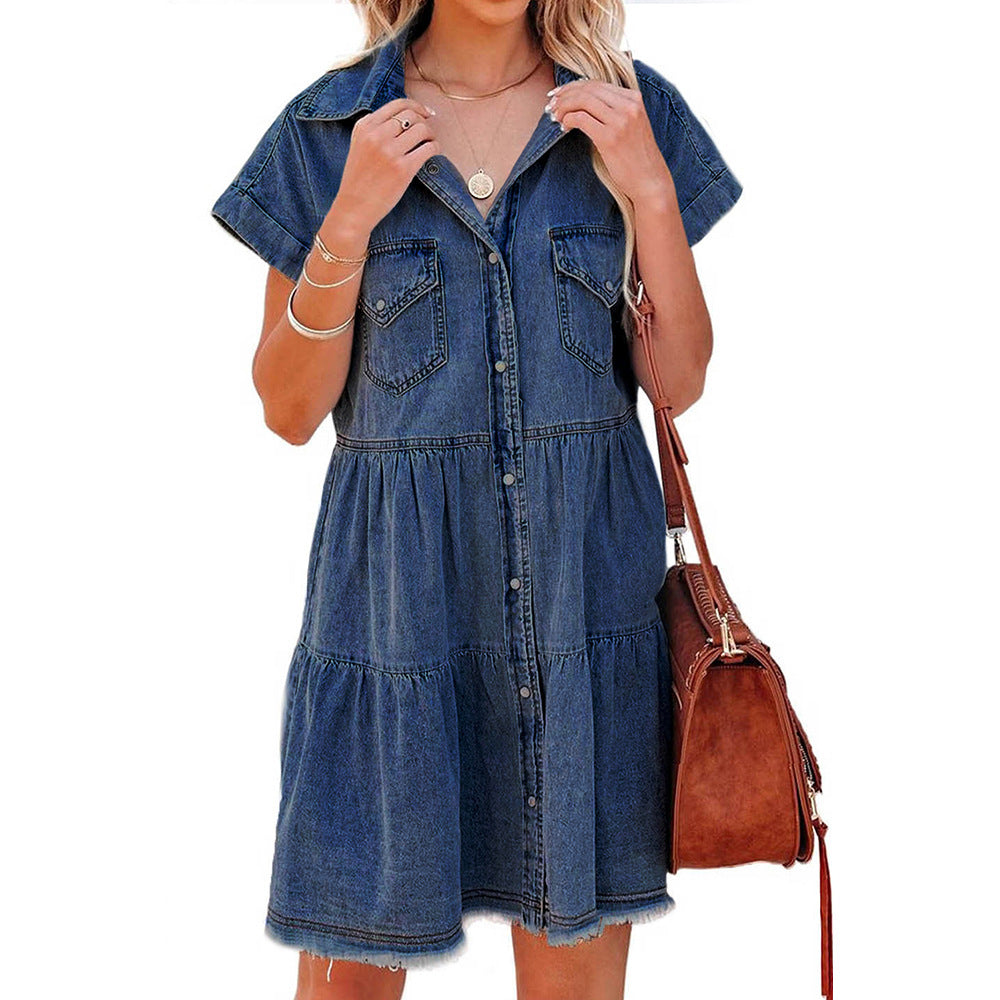 Washed Denim Dress Loose Single-breasted Casual Dress