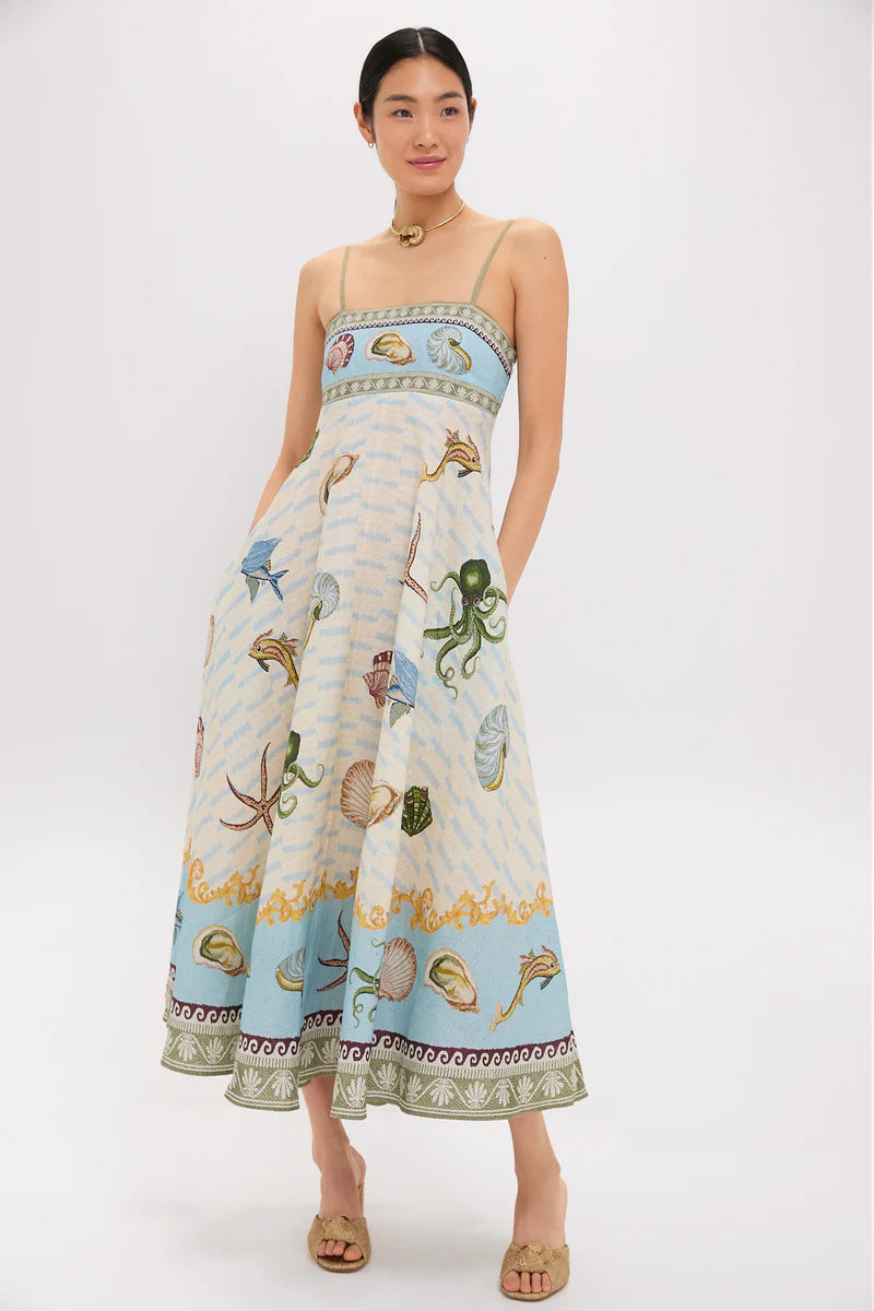 High-waisted Cotton-linen Printed Camisole Casual Dress