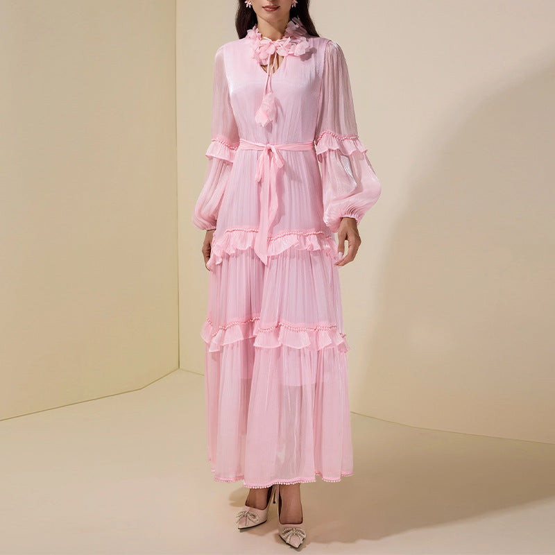 Ruffled Panel Long-Sleeve Elegant Chiffon Dress