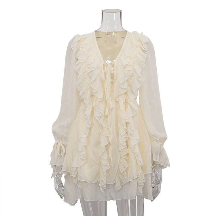 Ruffled Tied Dress V-neck Long Sleeve A- Line Dress
