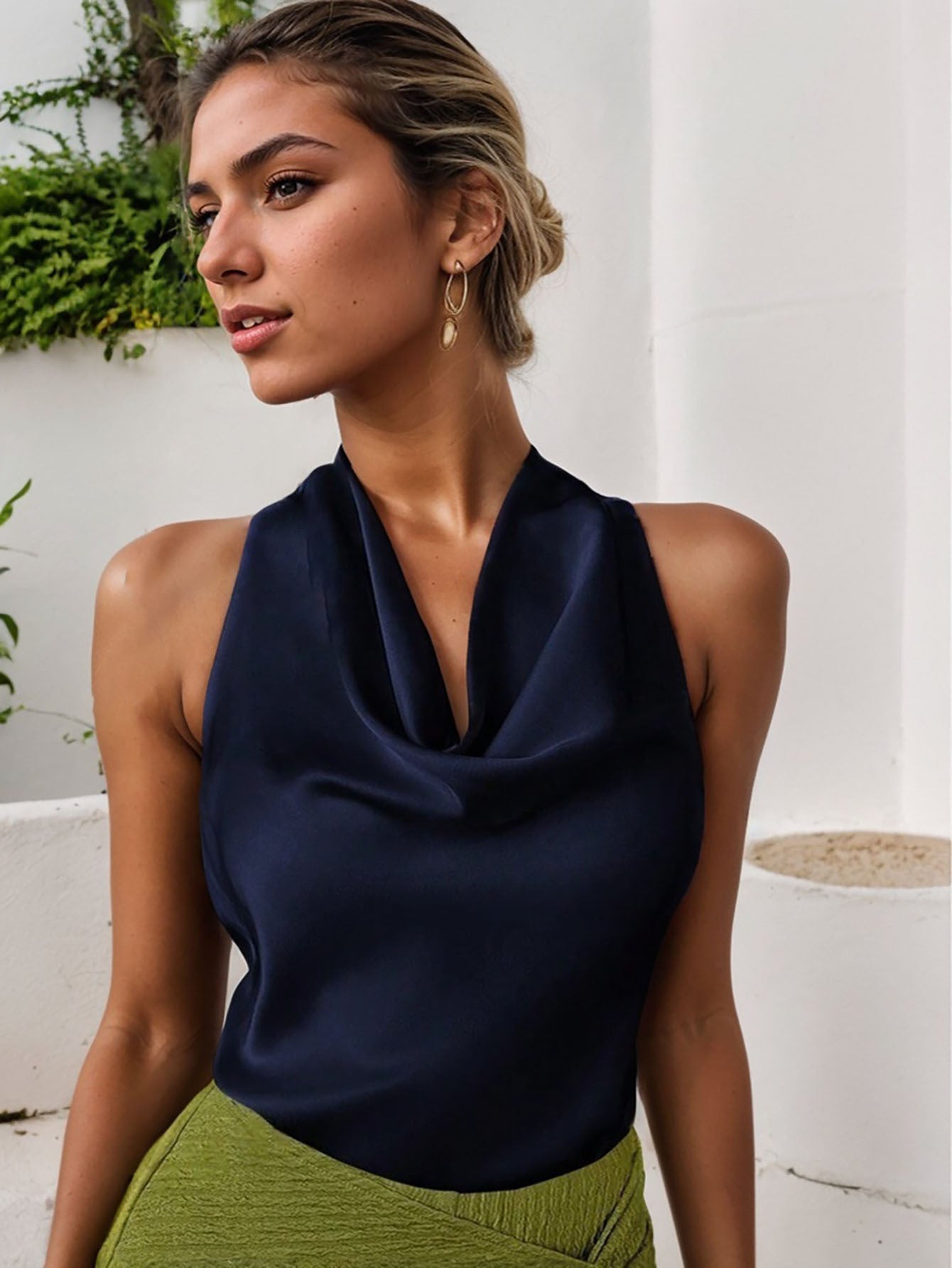Solid Color Swing Collar Sleeveless Vest Trendy Elegant Shirt With Halter Neckline Backless Short Sleeve Tops Tshirts