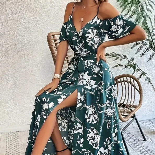 Flower Print Split Suspender Dress With Lace-up Design Long Dresses Beach Clothing For Women