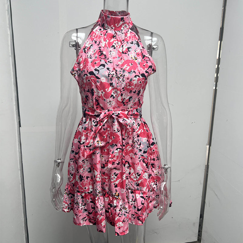 Flowers Print Halterneck Dress Temperament Lace-up Ruffled Dresses For Women