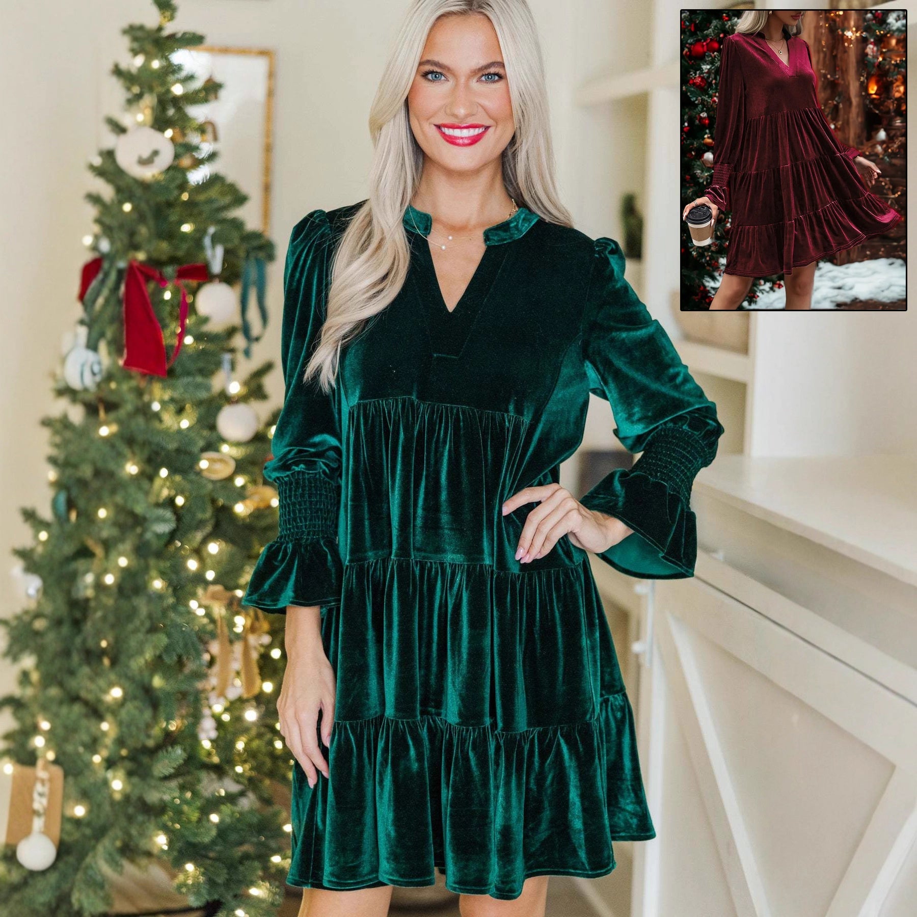 Long Sleeve Christmas Skirt Velvet Cake Dresses With Puffy Sleeves And V-Neck Mini Skirt Elegant Short Dress For Party Clothing