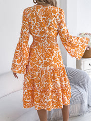 Vintage Bell Sleeve Ruffle Trim Tie Waist A-Line Dress