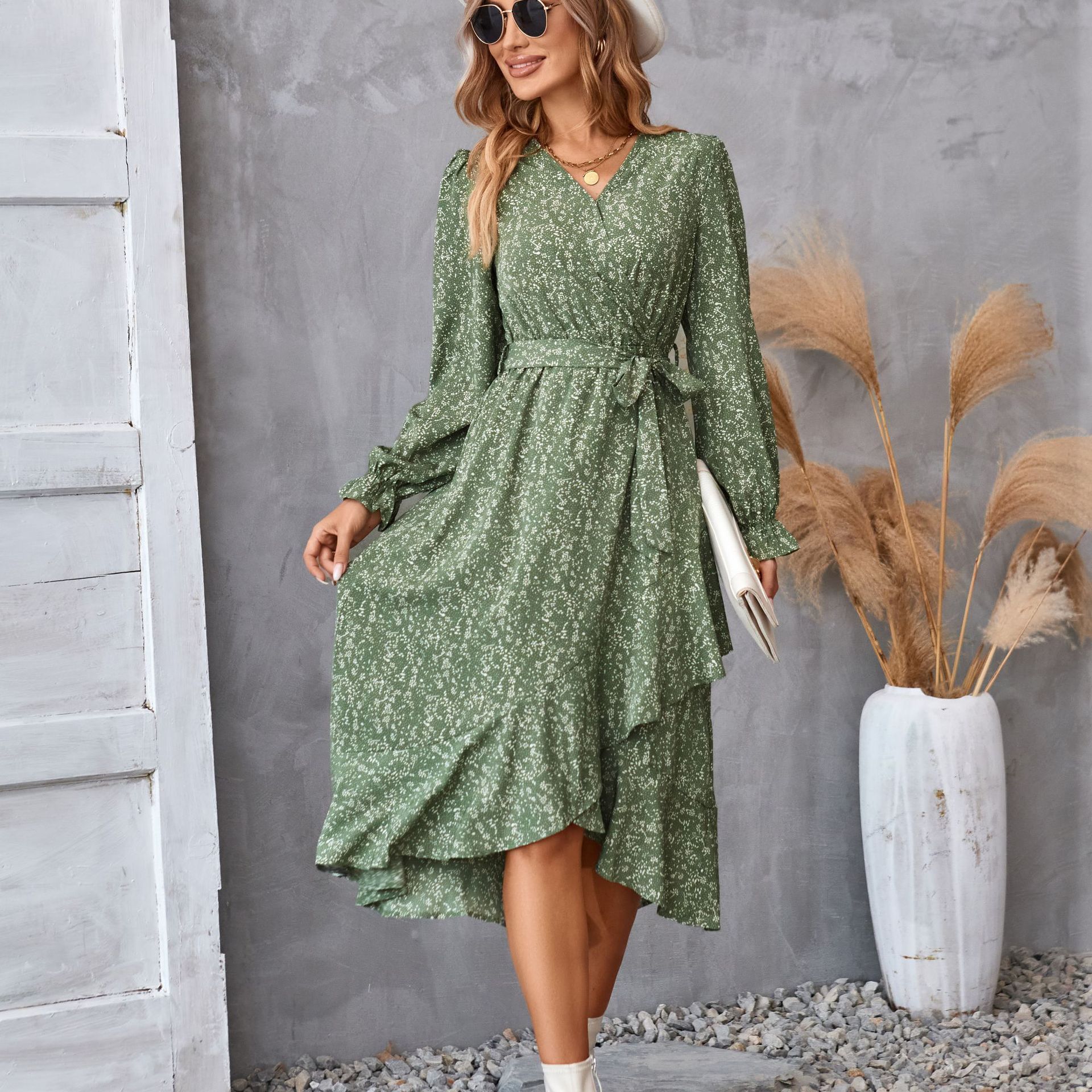 Flowers Print Long Sleeve Dress Ruffled Commuter Temperament Dresses Womens Clothing