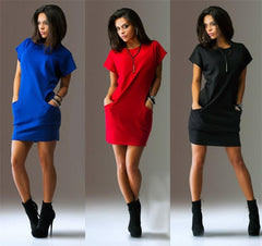 Clothing Casual Short Sleeve O-Neck Black Blue Dresses Slim Pocket Bodycon T Shirt Dress