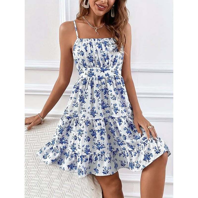 Womens Floral Print Smocked Mini Dress Sleeveless Spaghetti Strap Slim Fit Flowy Dresses