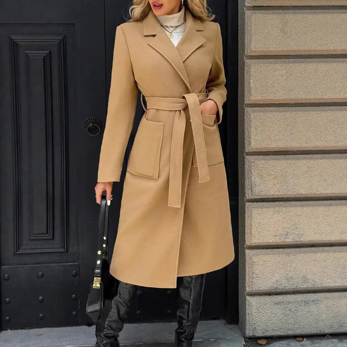 Woolen Simple Lace Waist-tied Coat