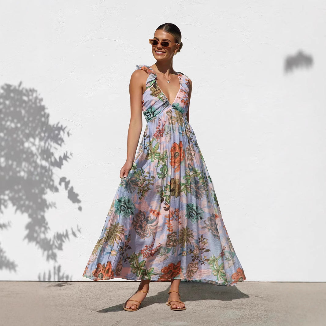 Printed V-neck Large Swing Suspender Dress
