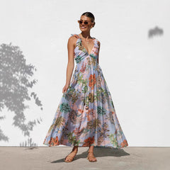 Printed V-neck Large Swing Suspender Dress