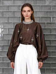 Round Neck Rhinestone Loose Solid Color Pullover Shirt
