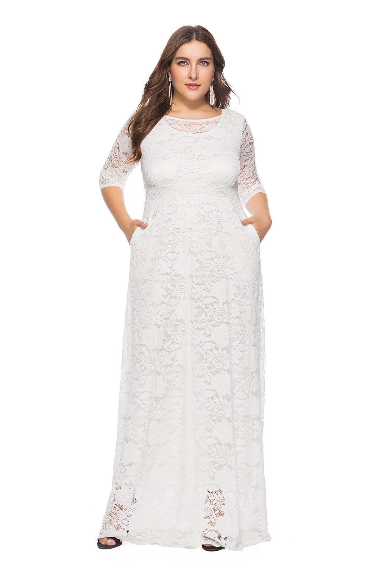Plus Size Hollow Lace Pocket Dress