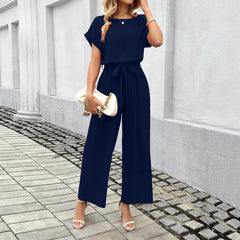 Womens Elegant Commuter Solid-Color Wide-Leg Straight-Jump Suit