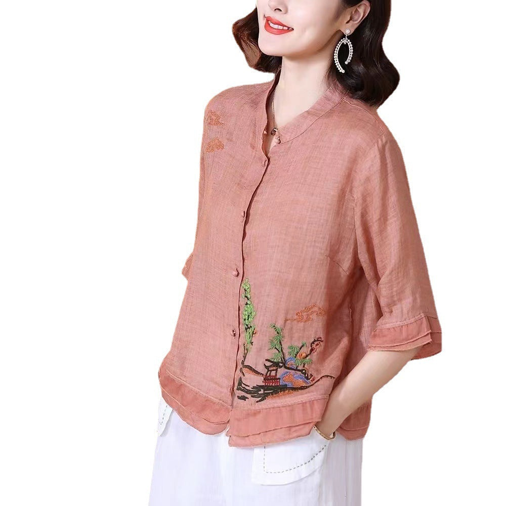 Vintage Cotton Linen Embroidered T-shirt