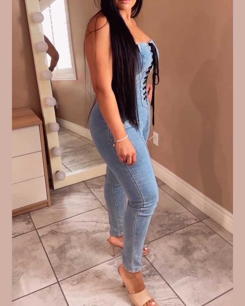Tie Skinny Denim Jumpsuit