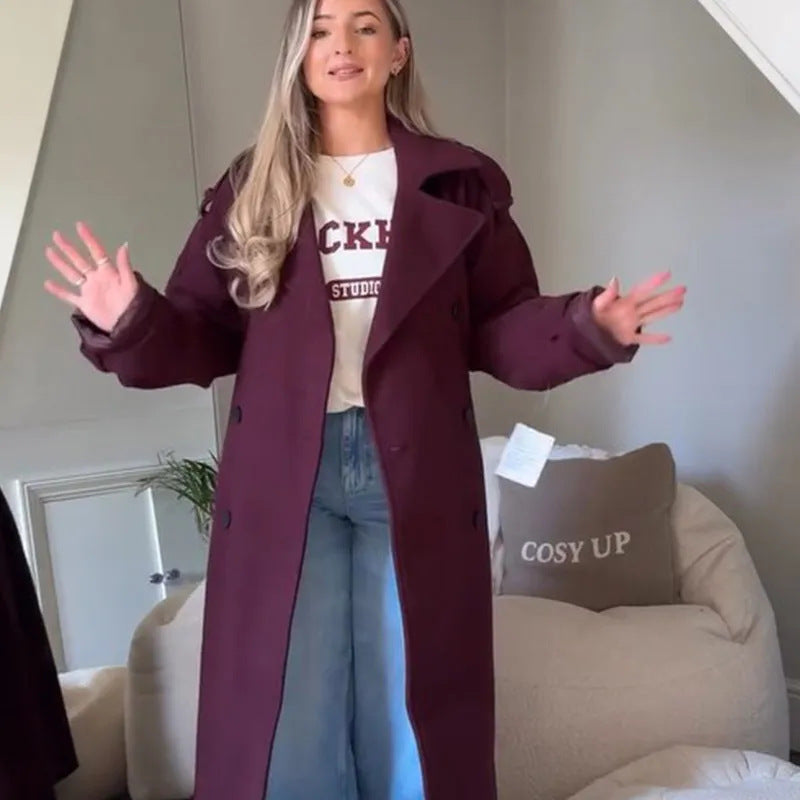 Wine Red Loose Lapel Long Sleeves Single Button Overcoat Coat