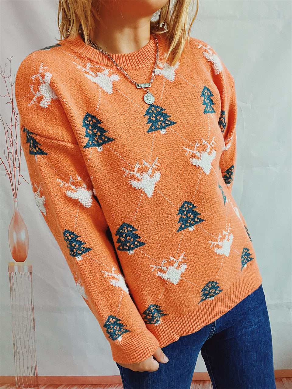 Round Neck Long Sleeve Loose Elk Jacquard Christmas Sweater