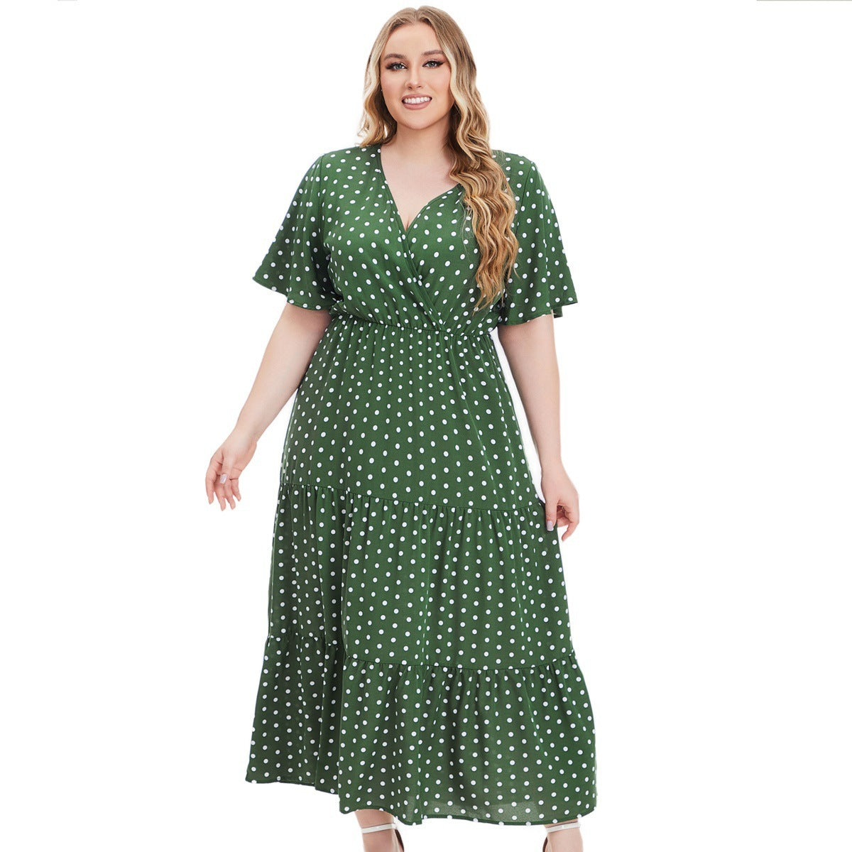 Plus Size For Plump V-neck Polka Dot Short Sleeve Dress