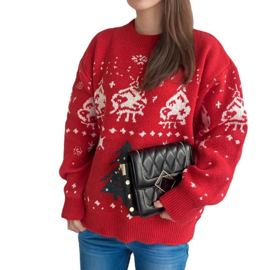 Christmas Red Sweater Jacquard Pullover Knitted Sweater