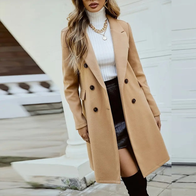 Solid Color Double-Breasted Wool-Like Coat Notch Lapel Long Sleeve Mid-Length Overcoat With Pockets