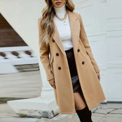 Solid Color Double-Breasted Wool-Like Coat Notch Lapel Long Sleeve Mid-Length Overcoat With Pockets
