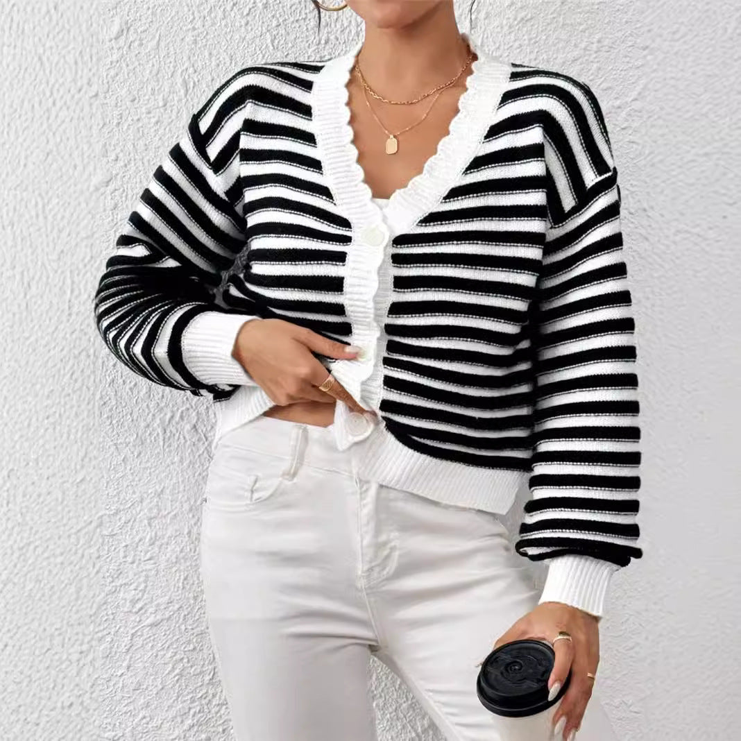 Knitted Cardigan Colorblock Sweater Coat Rainbow Striped Lantern Sleeve